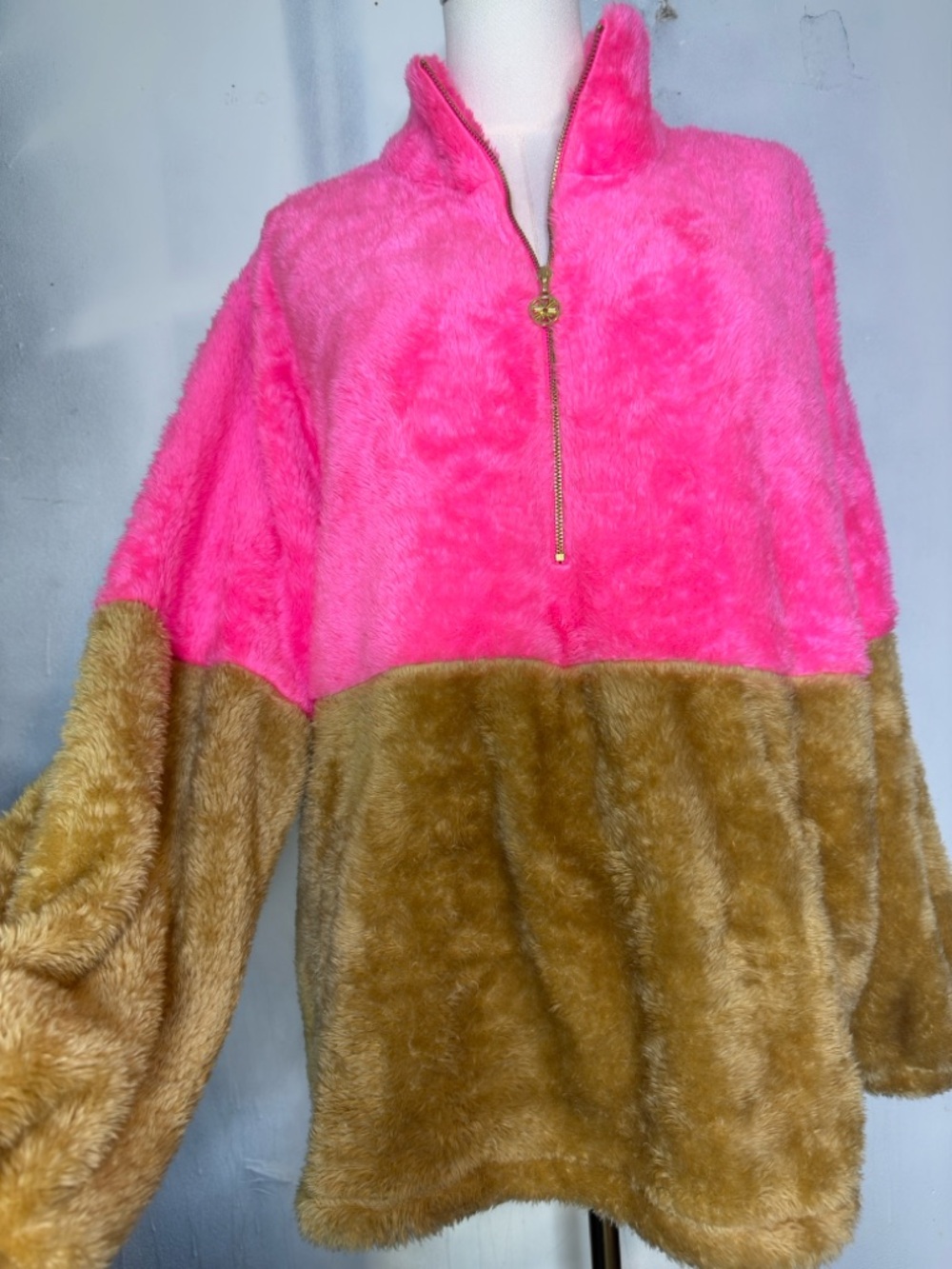 Lilly Pulitzer Two-Tone Teddy Half-Zip Jacket in Hot Pink & Tan - Picture 2 of 5